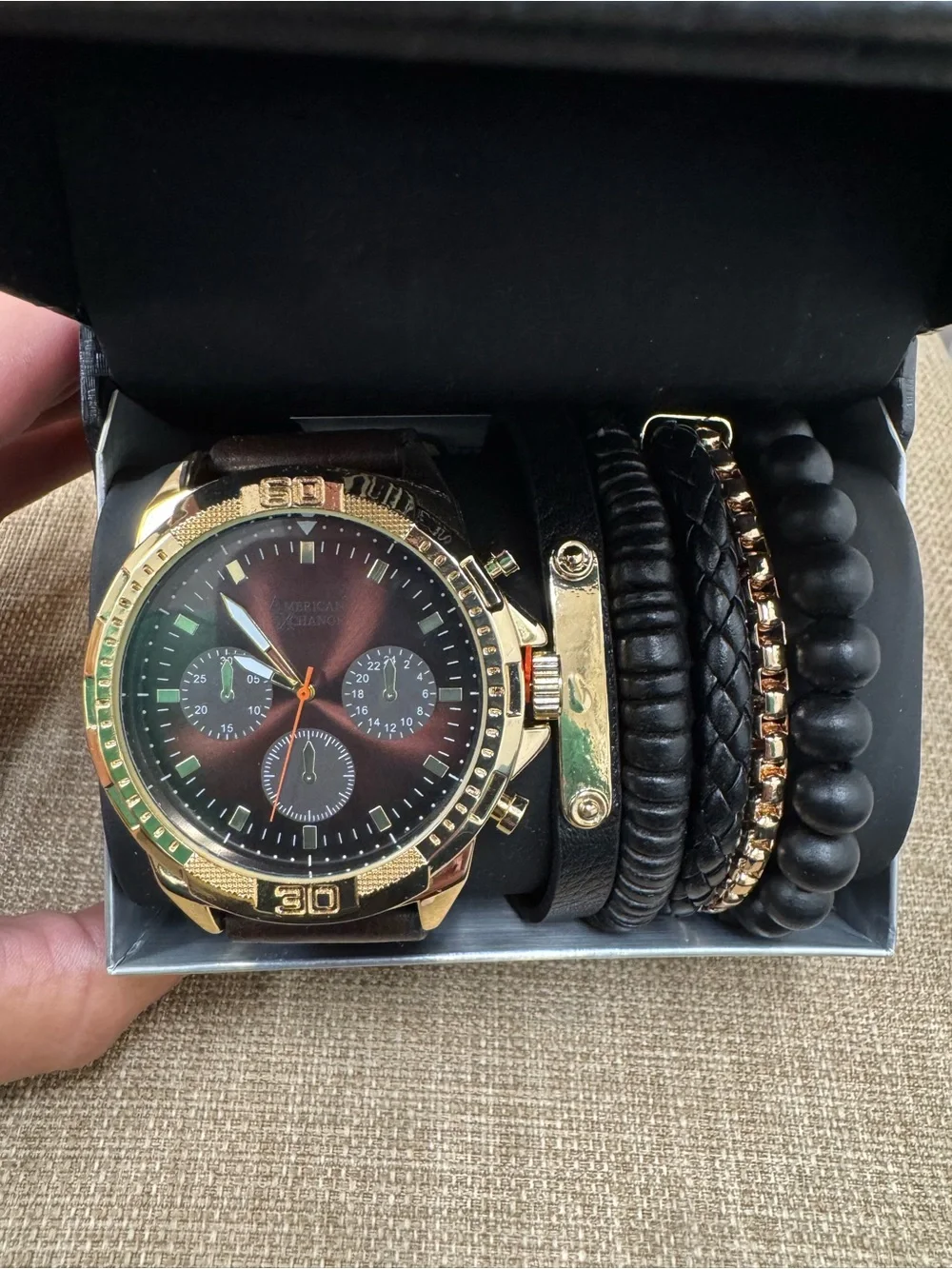 American Exchange Men’s Quartz Analog-Digital Watch Blue Leather Strap Gold Box
